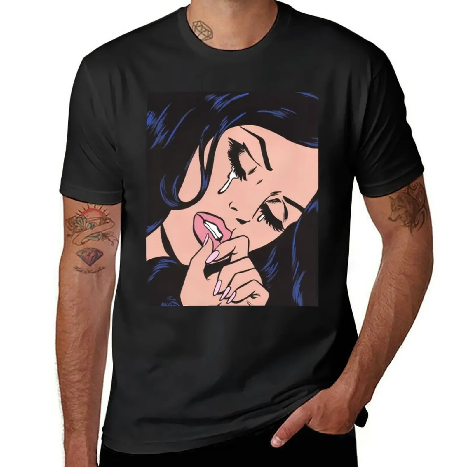 Black Hair Crying Comic Girl T-Shirt customs design your own hippie clothes heavyweight t shirts for men