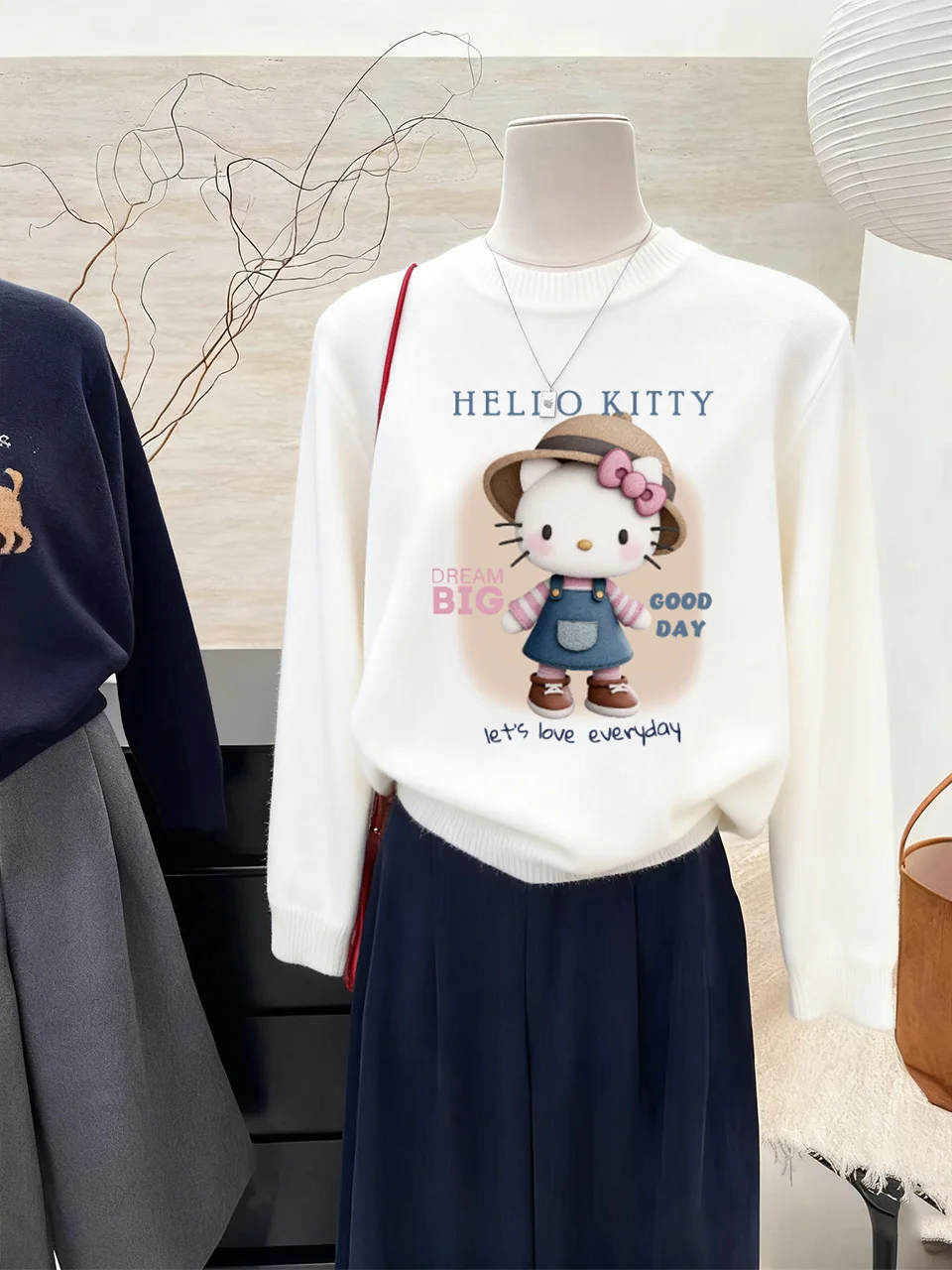 따뜻한 루즈핏 롱 니트 스웨터 KT 인형 프린트 만화 스타일 여성용 가을 겨울 신상 패션 탑