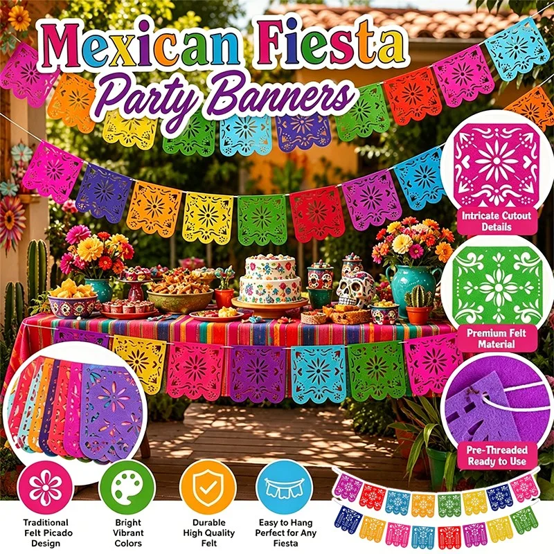 4Pcs/set Mexican Fiesta Party Decorations Banners Felt Papel Picado Banner Day of the Dead Decor