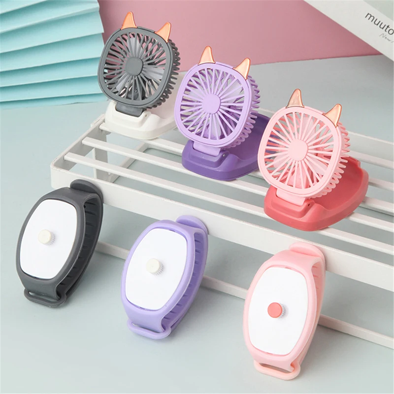 Cartton Cat Design Portable Wrist Strap Mini Watch Hand Held Fan USB Charging Small Rechargeable Fans With Colorful LED Lights