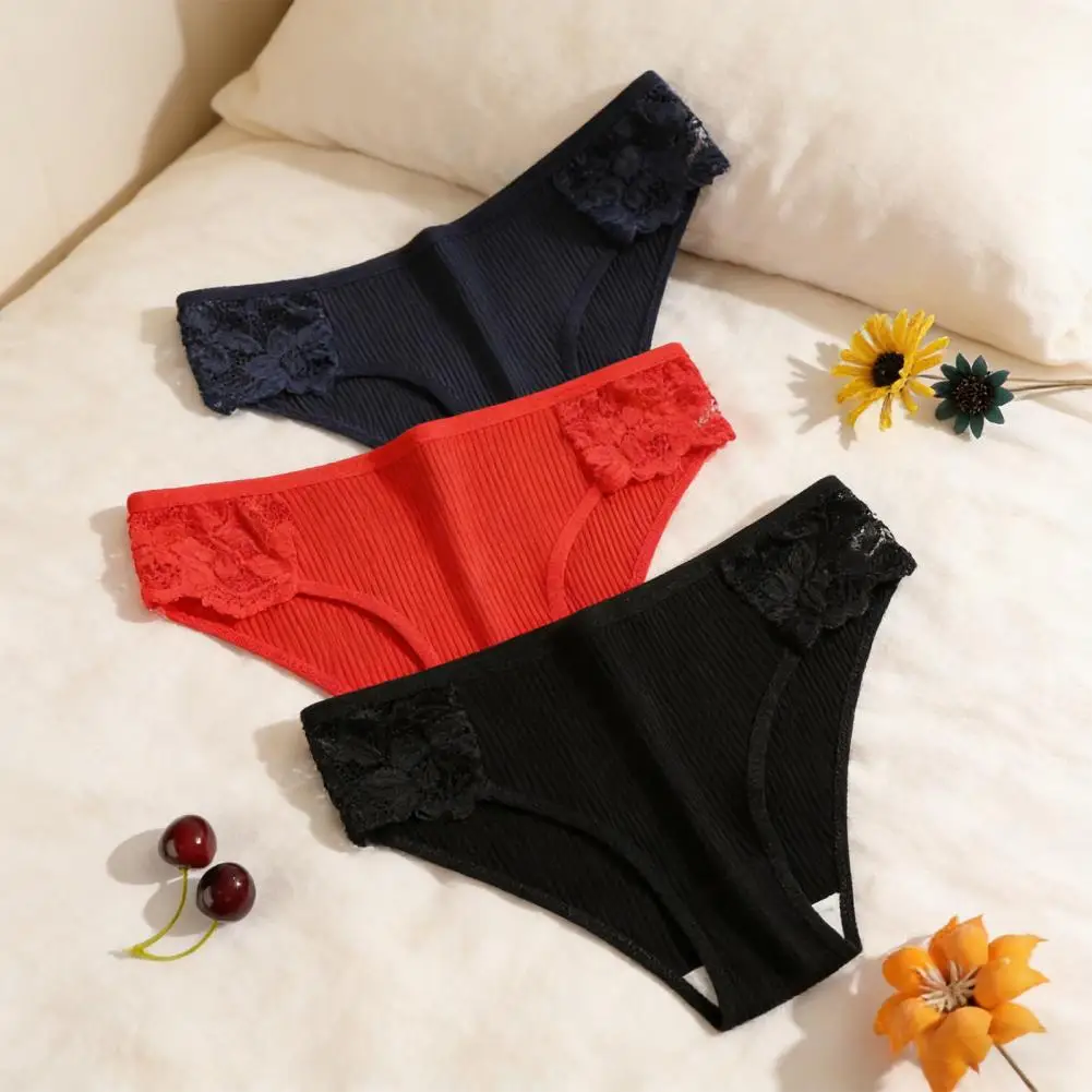 High Elasticity Panties Cotton Floral Lace Underwear for Women Ribbed Low Rise Hipster Panties Soft Breathable Bikini Set Women