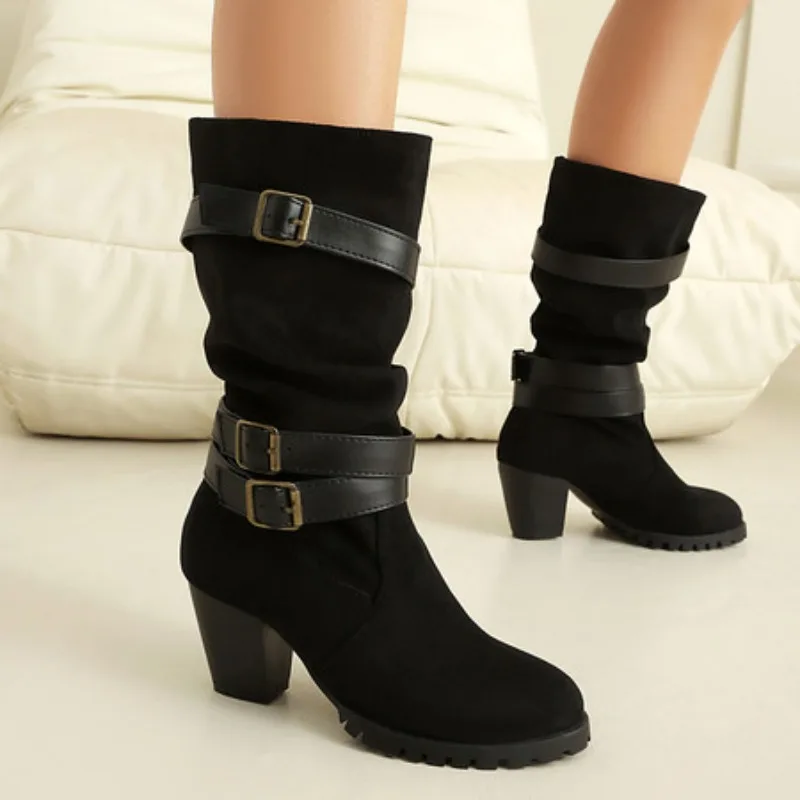 

Женские однотонные ботинки на высоком каблуке размера плюс 48, модные классические ботинки со складками, удобные ботинки с ремешком, обувь