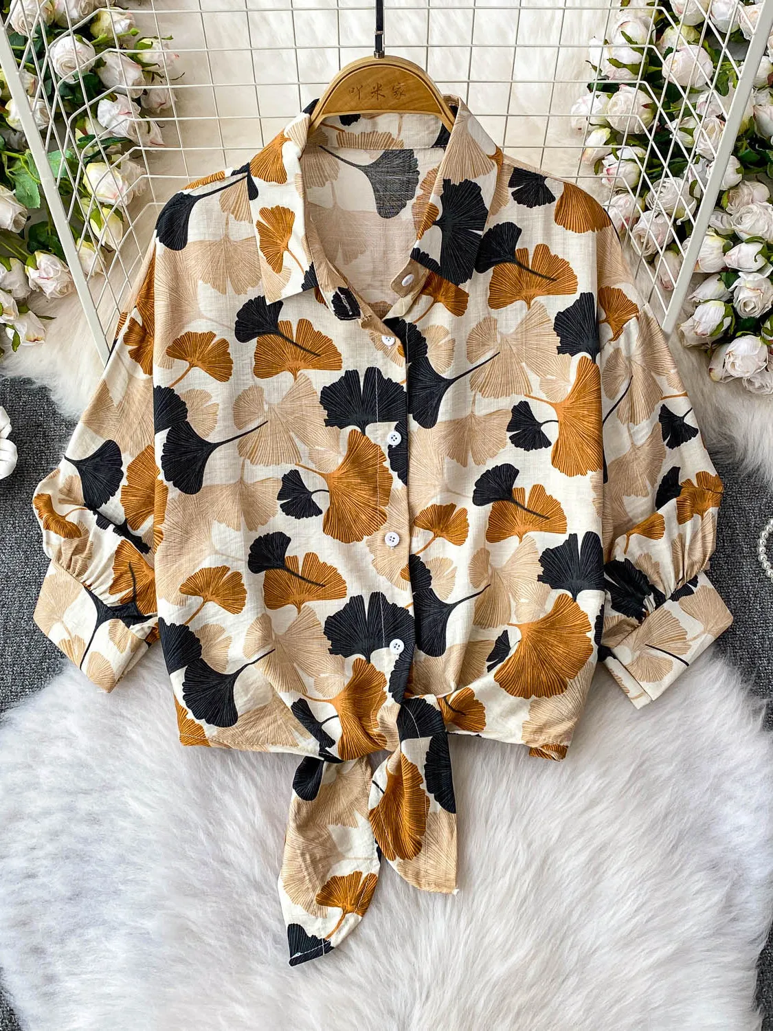 

Hong Kong Sle Floral Print Turn-down Collar Lantern Sve Women's Summer irt Tie Waist Slimming ort Coat Top