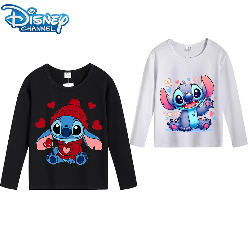 Lilo & Stitch Long Sleeves T-shirt Angel Sweat Absorption Blouse Spring Autumn Style Crewneck Sweatshirt Girl Boy Birthday Gift