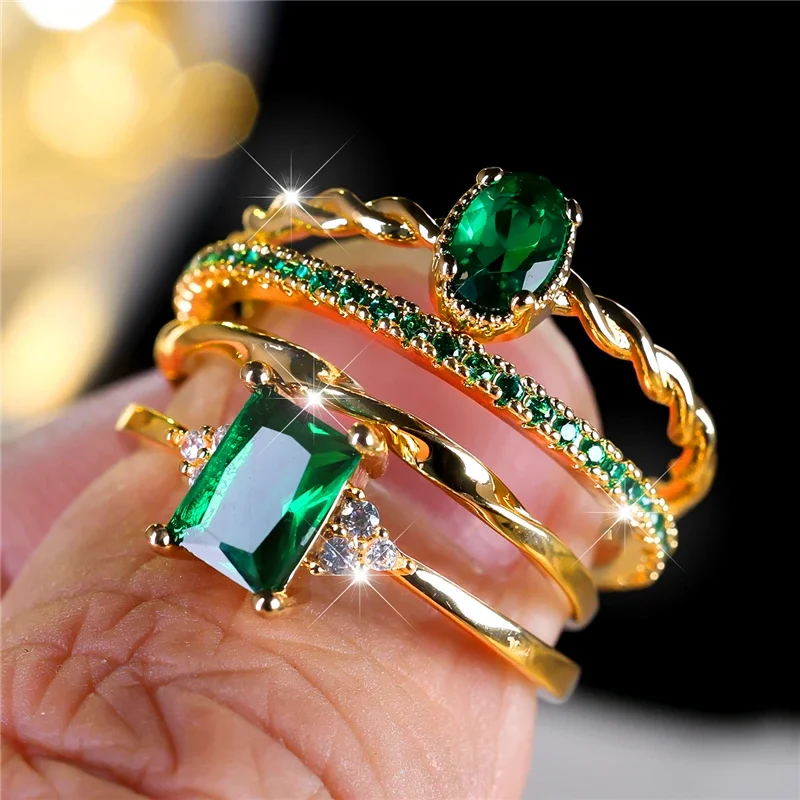 Luxury Female 4pcs Green Zircon Stone Ring Set Trendy Yellow Gold Color Engagement Cute Bride Wedding Jewelry Gift for Women