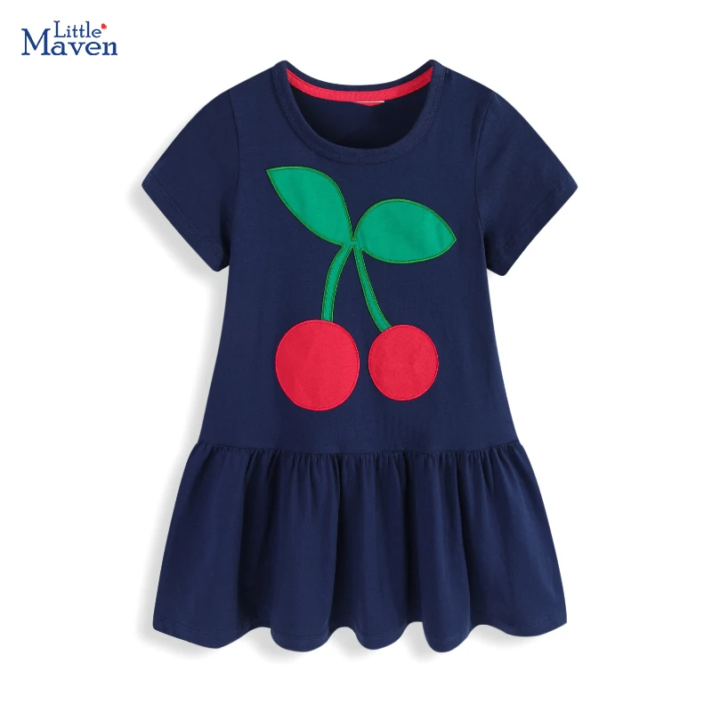 Little maven 2026 ملابس أطفال صيفية جديدة للأطفال والبنات ملابس كاجوال قطنية للأطفال فساتين كرز كرتونية