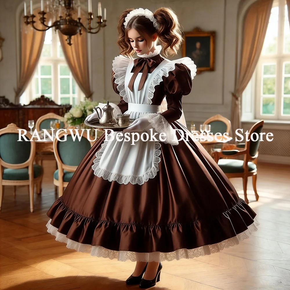 Robe à la française Dienstmädchenkleid Braun mit weißer Schürze Elegantes Gothic-Abschlussballkleid Hexenhaftes formelles Cosplay-Partykleid Maßgeschneidert