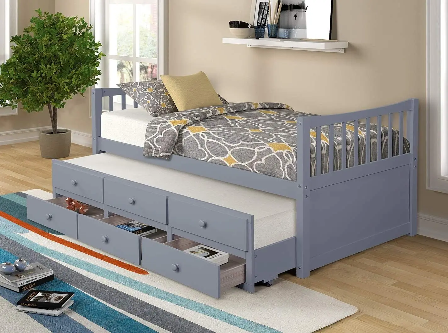 

Twin Captain’s Bed Storage daybed with Trundle and Drawers for Kids Guests (Grey)