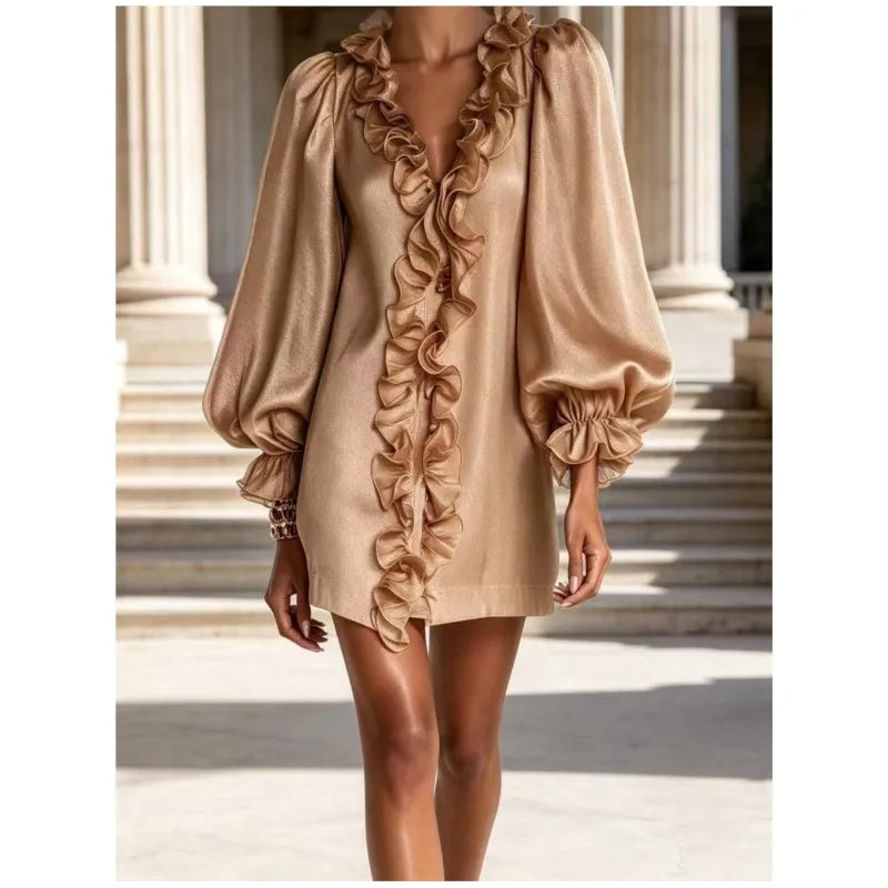 Elegant Ruffle Edge Design V-neck Dress For Women Autumn Fashion Bubble Sleeves Loose Mini Dresses Lady Beach Vacation Vestidos