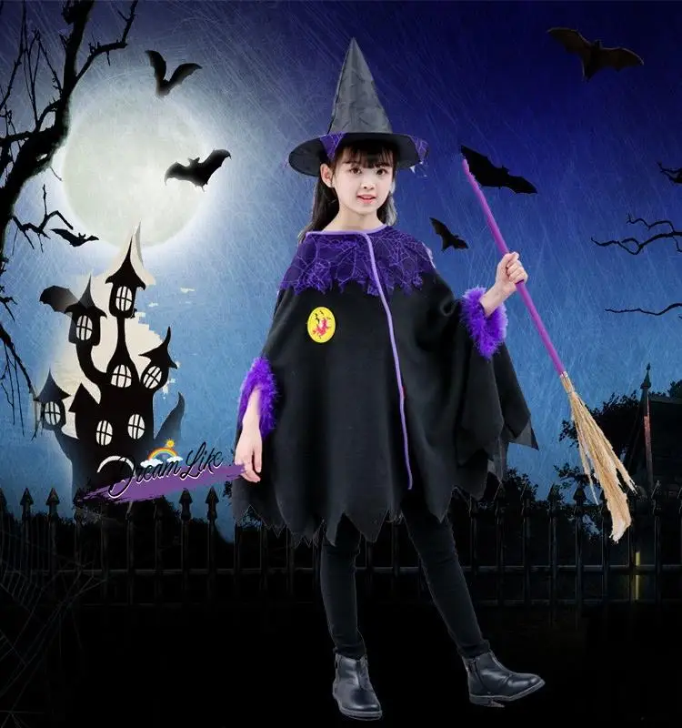 Halloween Kinderkostuum Meisjes Heksenjas Cosplay Heksenkleding Tovenaar Rollenspel Kleding Fem Peuter Dr