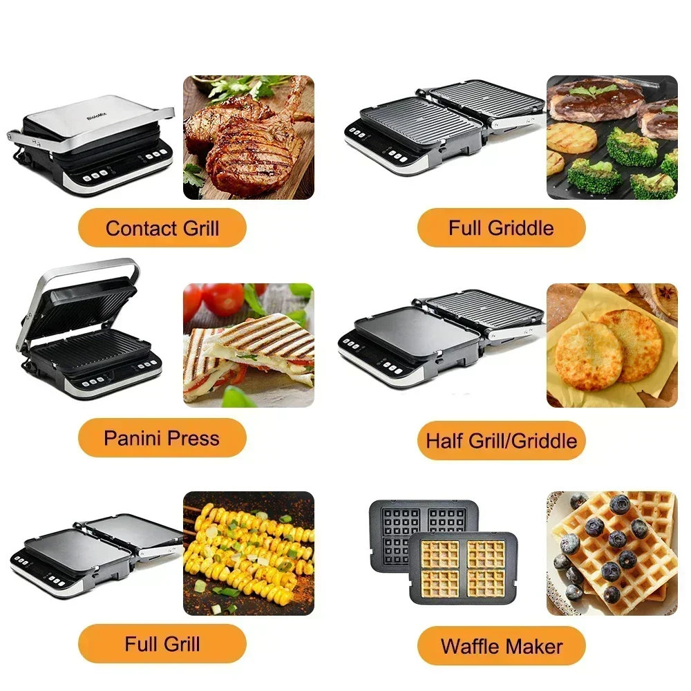 2000W 6-in-1 electric grill. For barbecue, digital griddle, sandwich/Panini press. Optional waffle plates.