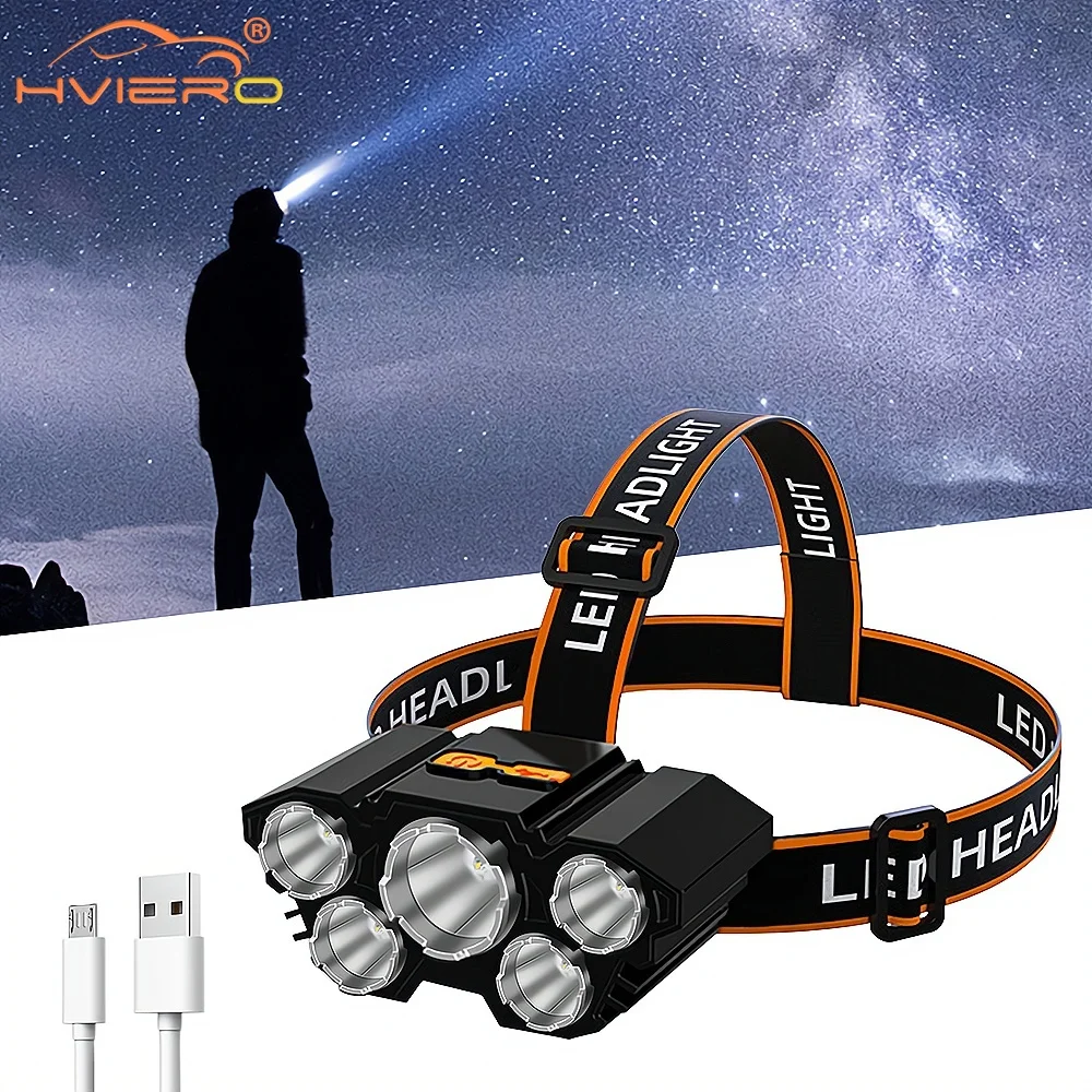 

USB Rechargeable Flashlamp Builtin Battery 5Led Strong Headlight Super Bright 5W HeadMounted Flashlights Outdoor Night Fishing