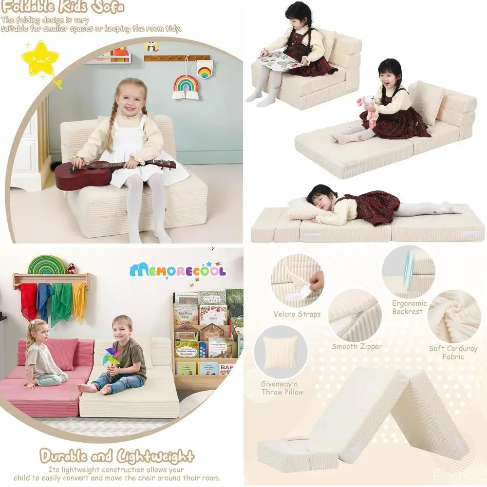 Divano pieghevole compatto per bambini, sedia futon in velluto a coste, mini divano portatile, beige