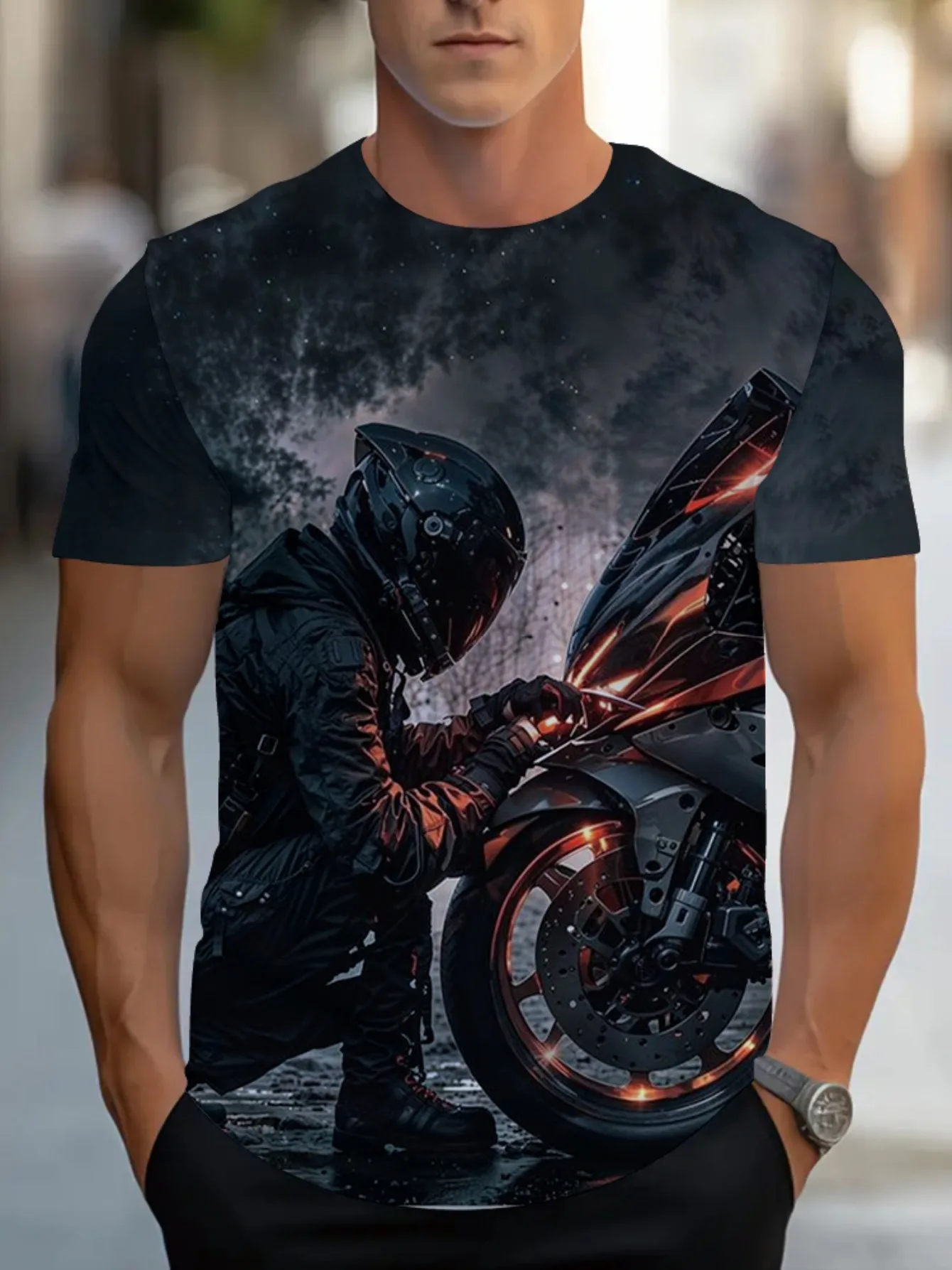 

Men's Motorcycle Rider Graphic T-Shirt Black Round Neck Short Sleeve Comfortable Casual Wear for Summer Motorcycle Riding Gear