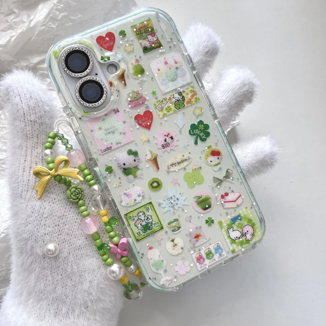 

Hello Kitty Lucky Four Leaf Clover Bracelet Wrist Chain Lanyard Soft Phone Case For iPhone 13 14 15 16 Pro Max Back Cover