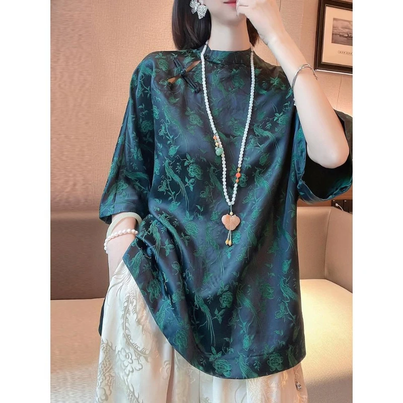 

2024 New Summer Chinese Style Fashion Minimalist Mid Length Loose Bat Sleeve Standing Neck Printed Button Women's Shirt Top