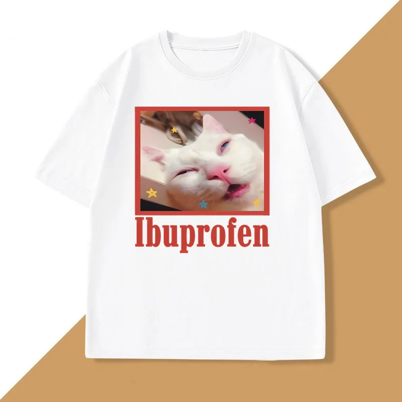 Funny Ibuprofen Cat T-shirt for Men Women Graphic T Shirts Cute Cat Lover Cotton T Shirt Round Neck T Shirts Short Sleeve Tees - Image 4