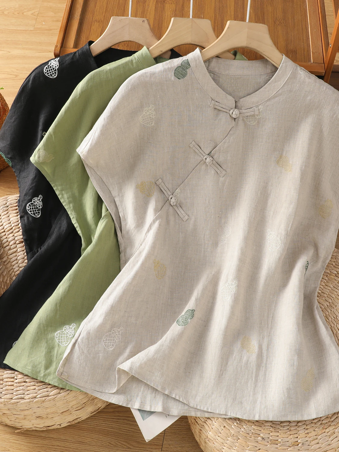 

Embroidered Cotton Linen Chinese Sle irt ort Sve Stand Collar Big Size Women's Faion Casual Summer Top