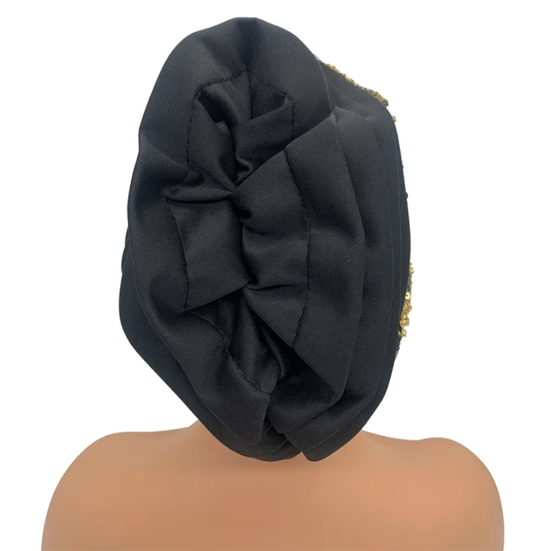 African Female Wrap Head Bonnet Muslim Turban Hat Lady Head Wraps Glitter Luminescence Beading Pleated Turban Cap for Women image 4