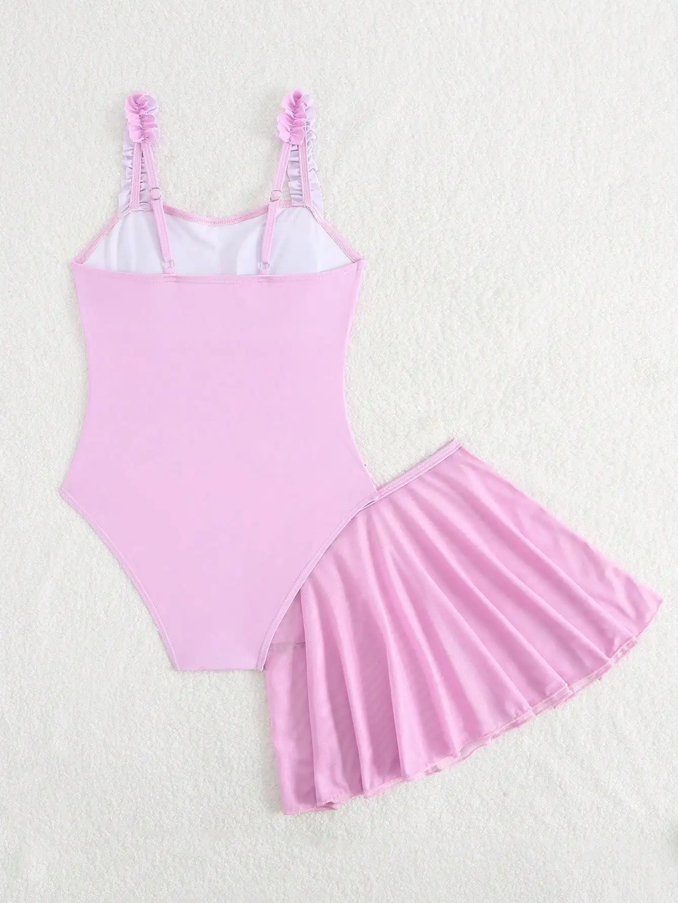 

Pink Ruffled Strap One-Piece Swimsuit With Pleated Mesh Skirt For Tween Girls