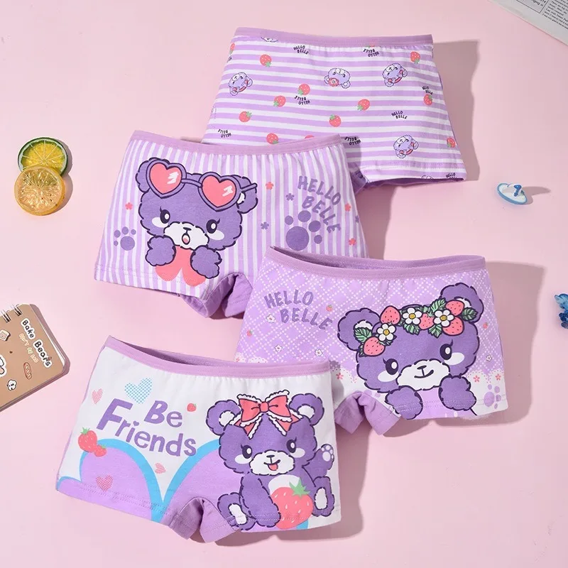 4-Piece Beautiful Girls Panties Skin-friendly Cotton Children Underwear with Rabbit Strawberry Cute Bear Cartoon Girls Boyshorts