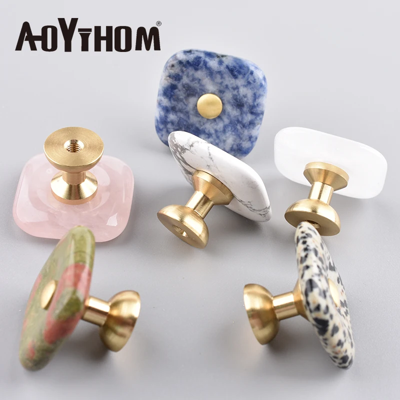 30×30mmSquare Agate Furniture Door Handles Brass Gold Kitchen Dresser Drawer Knob Crystal Cabinet Pulls Wardrobe Cupboard Handle