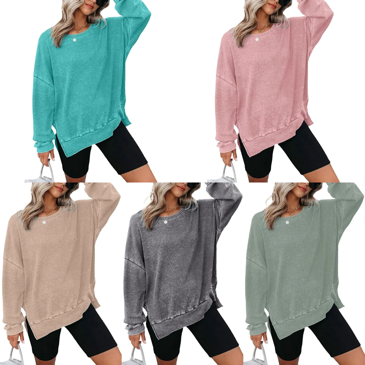 

Womens Oversized Waffle Knit Crewneck Sweatshirts Long Sleeve Side Slits Casual Pullover Sweatshirt Tops