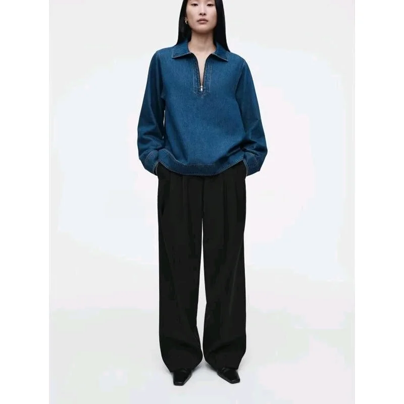 Printemps nouveau femmes col montant fermeture éclair f Plaet Denim irt trajet Sle ample longue Sve chaud couleur Pure