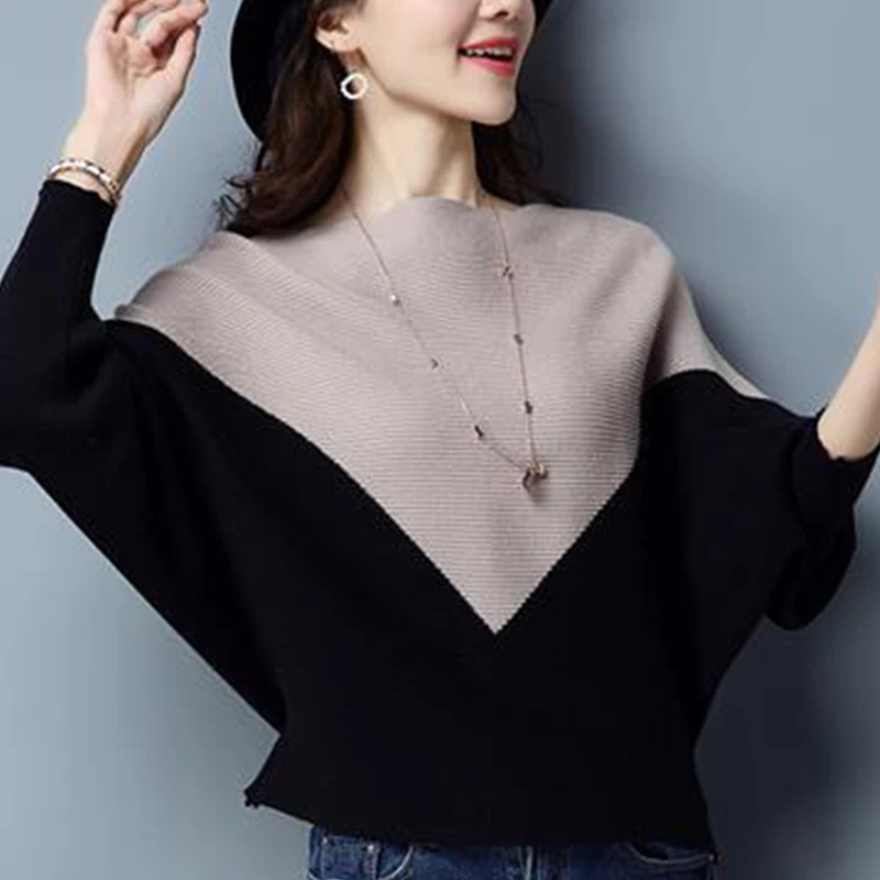 Autumn Winter Casual Fashion Patchwork Loose Sweaters Women Batwing Sleeve All-match Knitting Pullover Ladies Bottoming Jumper