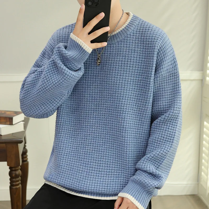 Men's Spring Autumn Round Neck Pullover Solid Screw Thread Long Sleeve Sweater Knitted Casual Office Lady Undershirt Tops