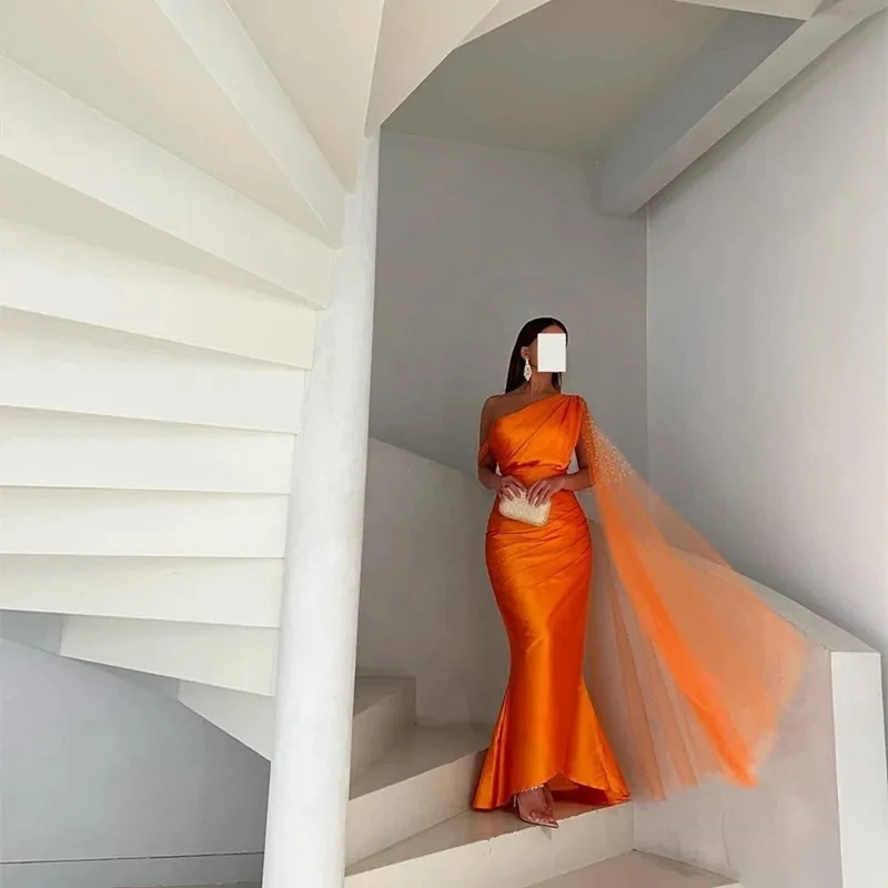 SoDigne Orange Evening Dresses Mermaid One Shoulder Saudi Arabia Formal Dress With Tulle Warp Women Prom Party Gowns 2023