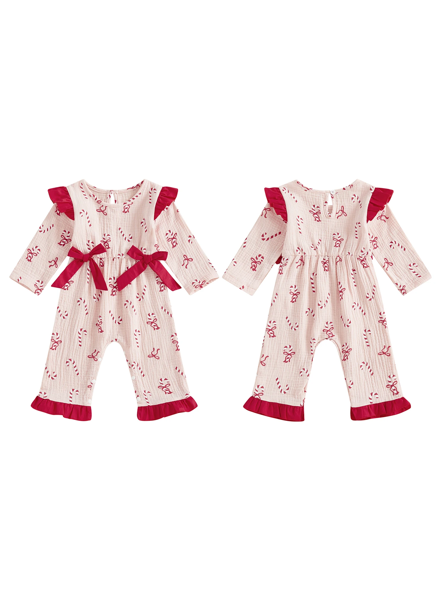 

Рождественский комбинезон для маленьких девочек с длинными рукавами и круглым вырезом, комбинезон с принтом конфетной трости и бантом, праздничный праздничный наряд