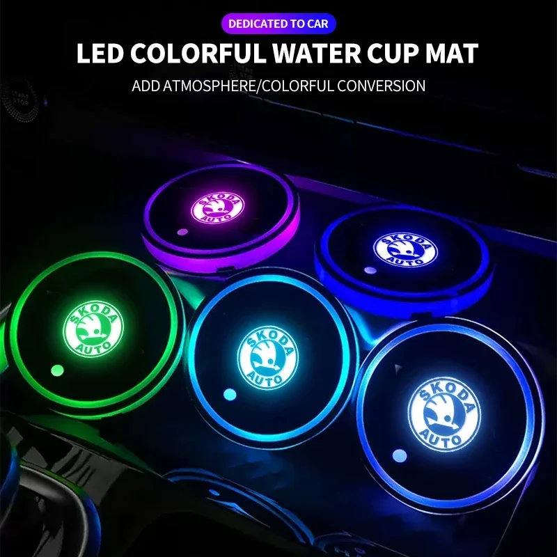 Colorful Universal LED Car Cup Holder RGB Light Mat Pad For Skoda Octavia Rapid Kodiaq Superb Derivative Karoq Fabia Kamiq