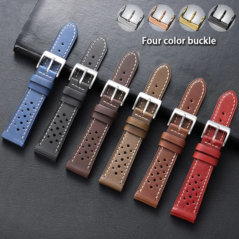 Genuine Leather Watch Band 20mm 22mm 24mm Cowhide Strap Breathable Porous Sport Wristband Multicolored Buckle Universal Bracelet