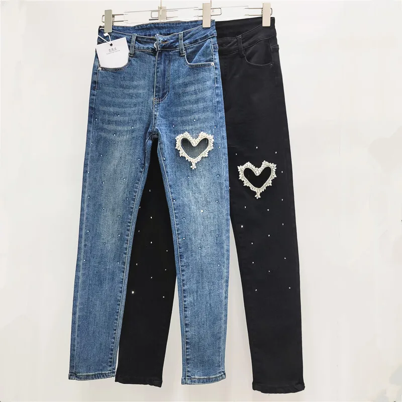 2024 New Fashion Hollow-out Beads Diamonds Skinny Jeans for Women Personalized Love Elastic Ankle-Length Denim Pants