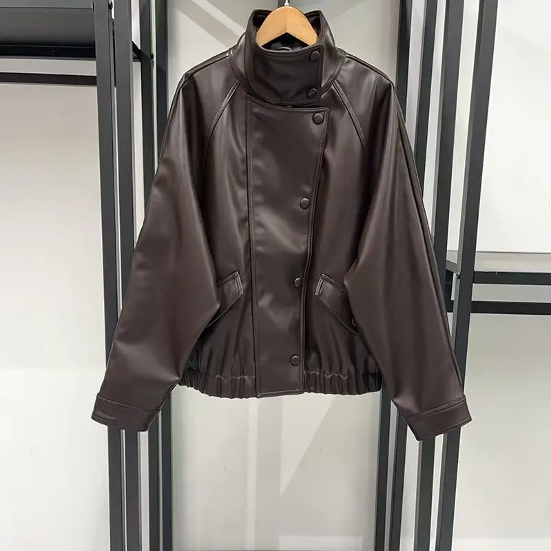 Women's Stand-Up Collar Zipper Eco-Friendly Leather Jacket, Casual Loose-Fit Outerwear, High-Quality Biker Jacket, 2026, New y2k