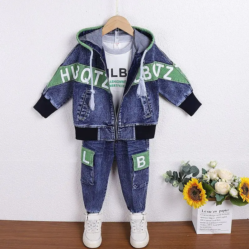 

Boys Denim Clothing Set Kids Clothes 2023 Autumn New High Quality Streetwear Korean Hooded Letter Print Patchwork & Jeans Suits