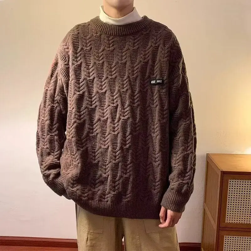 Autumn Winter Jacquard Printed Sweater Men's Round Neck Pullover Sweatshirt Japanese Retro Youth Design Niche Knitted Sweater