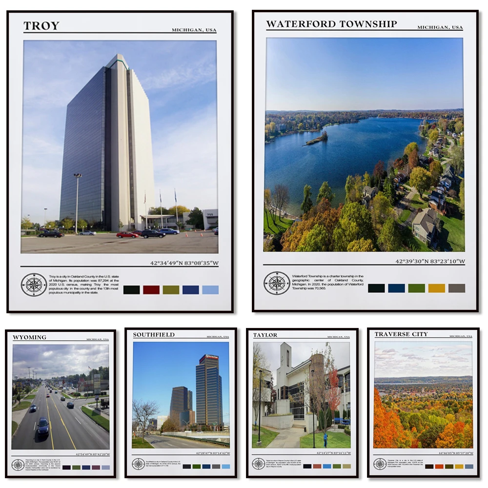 Póster de viaje de Southfield, St. Clair Shores, Sterling Heights, Tyler, Traverse City, Warren, Westland, Wyoming, Michigan, EE. UU.