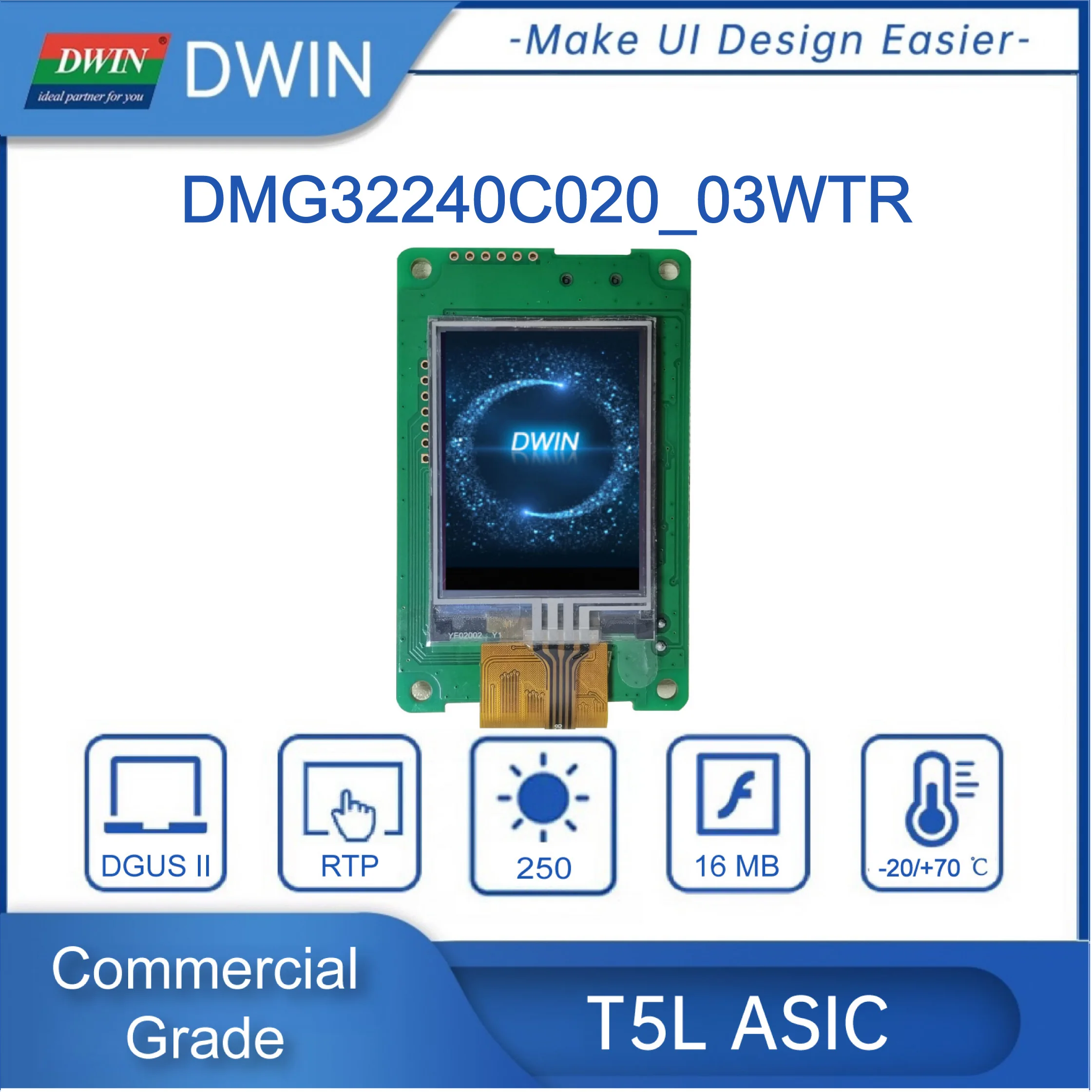 DWIN-Smart LCD Display Panel, Módulo Inteligente, Resolução 240x320 Pixels, 262K Cores, IPS, TFT, DMG32240C020 _ 03W, 2.0"