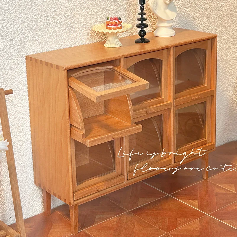 1:12 Mini Storage Cabinet Doll House Accessories 6-compartment Storage Cabinet Model Retro Wabi-Sabi Style Wooden Furniture