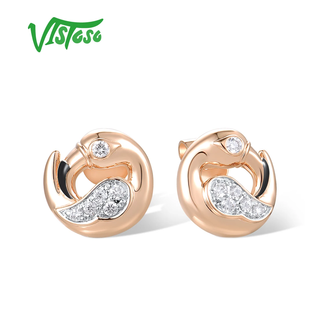 VISTOSO Real 14K 585 Rose Yellow Gold Earrings For Women Sparkling Diamonds Sweet Flamingo Dainty Delicate Gift Fine Jewelry