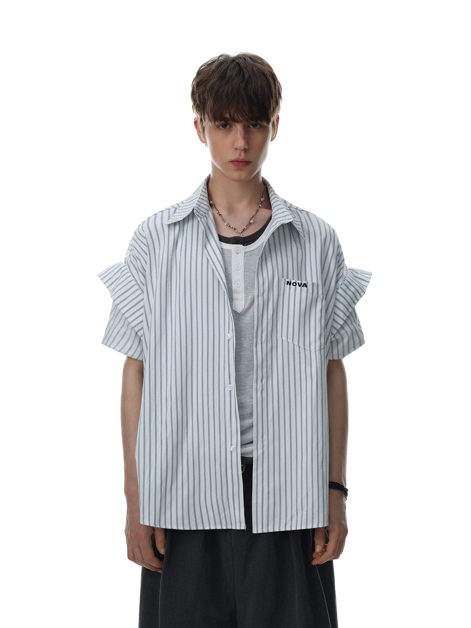 MRNEARLY American Retro Striped Short Sleeve Casual Shirt Men Loose Fit Summer Double Layer Sleeve Sun Protection Cotton Poly...