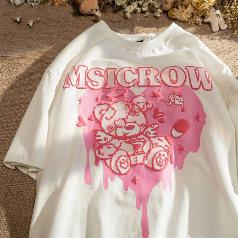 T-Shirt à Manches Courtes pour Femme, Vêtement à la Mode, Kawaii, Rose, Amour, Ours, Texte Imprimé, Harajuku, 2022Y2k