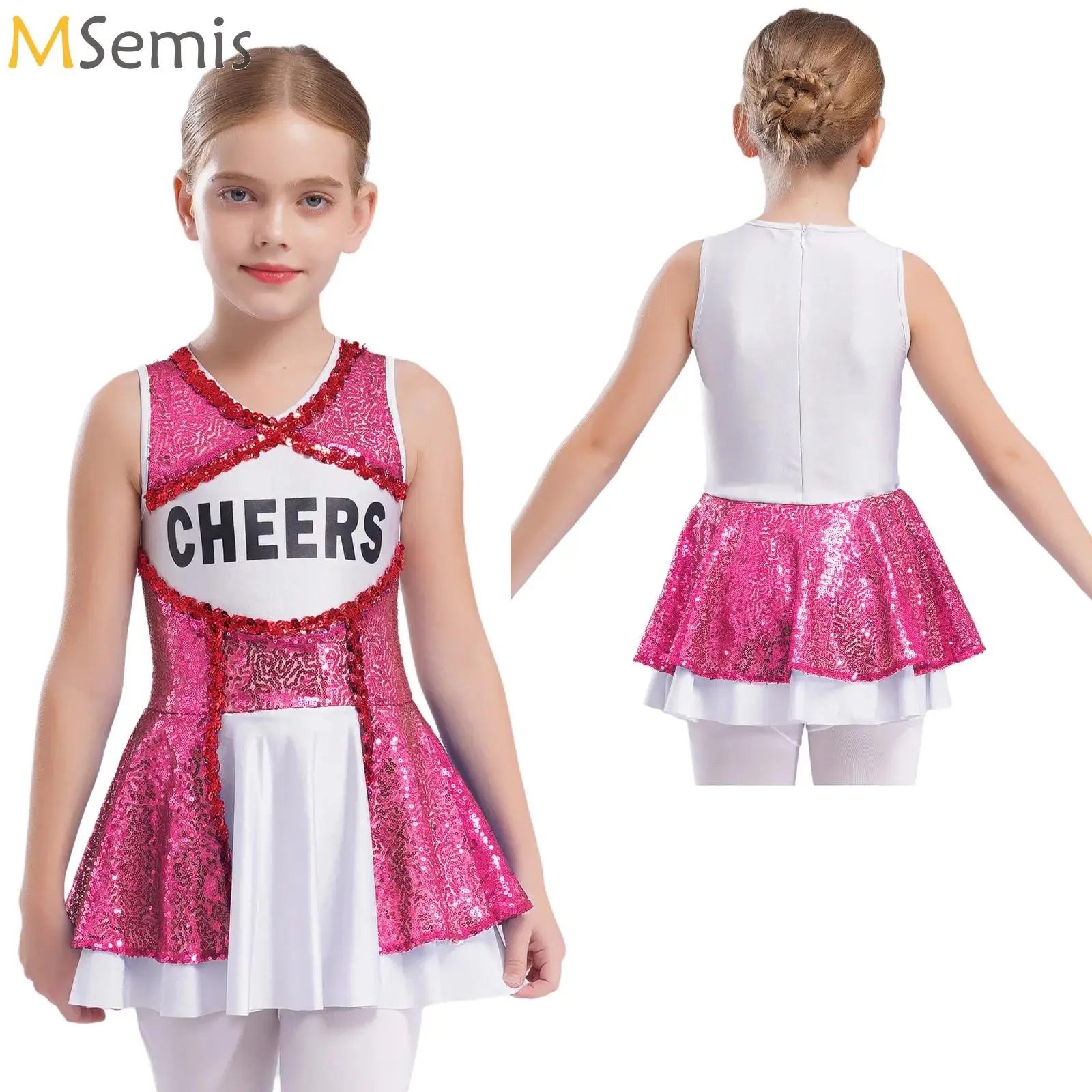 

Girls High School Cheerleading Performance Costumes Cheerlead Dance Uniform Sleeveless Color Block Sequins Dress for Competition