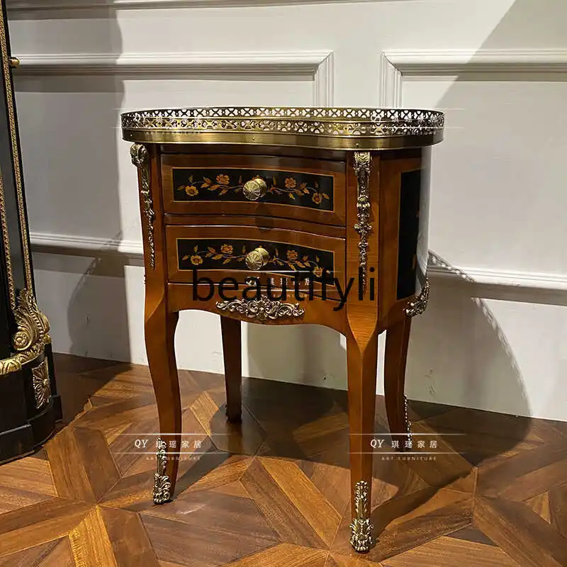 

English Classical Wood Grain Inlay Small Side Table Pure Copper Carved Coffee Table Sofa Corner Table