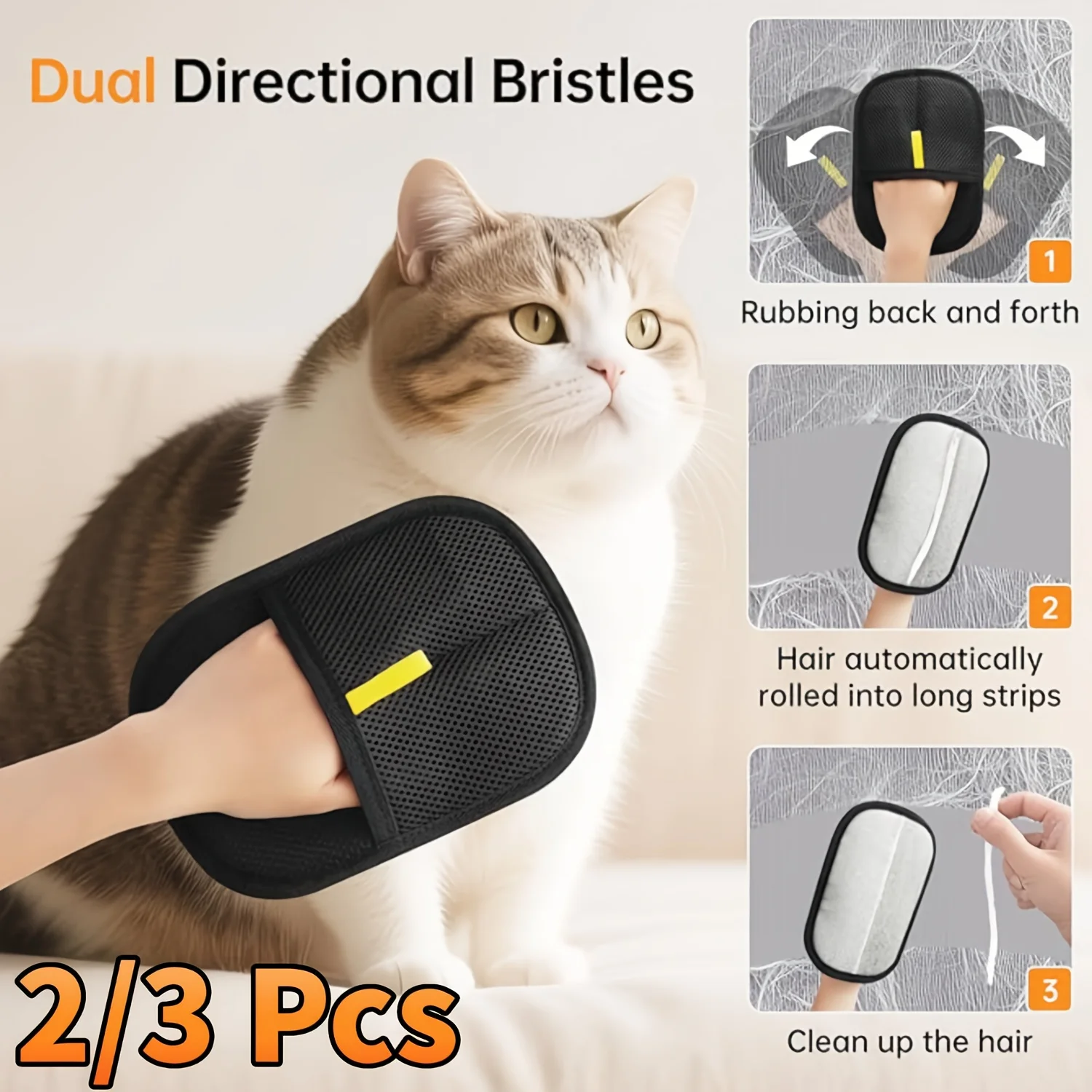 مجموعة قفازات إزالة شعر الحيوانات الأليفة - 3 قفازات سيليكون + مشط رقيق للأثاث واللوين والفراء