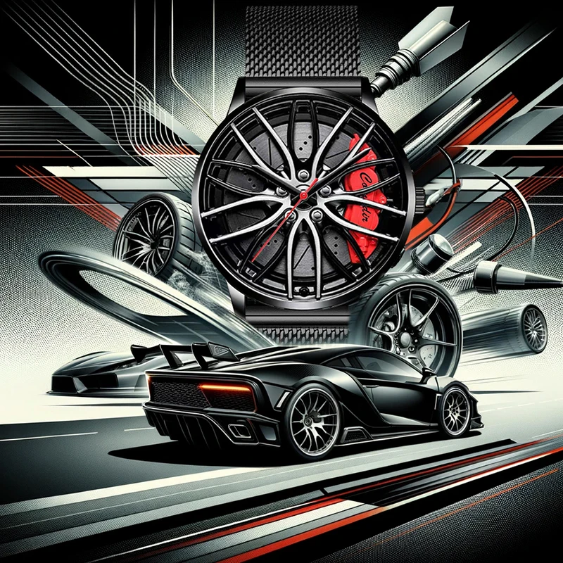 黒と赤のトレンディでスタイリッシュ、そして実用的なメンズクォーツ時計。黒のメッシュバンドが付いています。