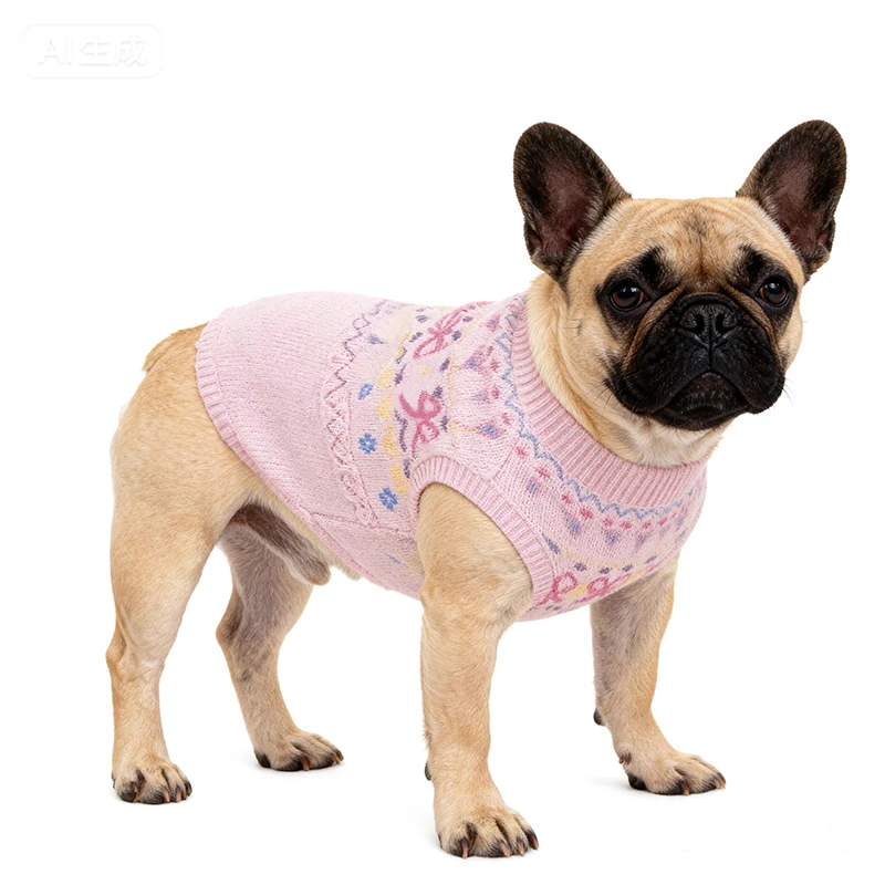 Sweet Winter Girl Cat Sweater Bow Knot Geometric Print Small Medium Dog Overalls Elastic Wool Knitting Pet Chihuahua Clothing