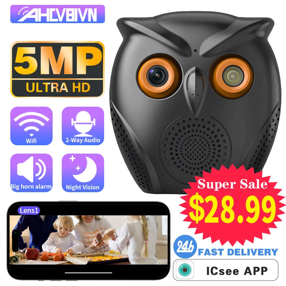 CCTV 2-Way Audio Wi-Fi Baby Monitor Owl shape ICSee 5MP HD Video WiFi Surveillance Camera Smart Home Wireless Security lP Camera